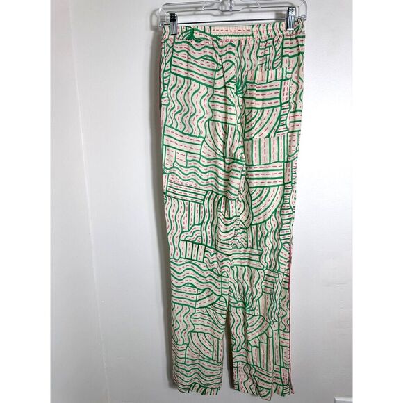 Zara Linen Blend Graffiti Print Pant Cream Green Pink Jogger Pajama Trouser XS - Picture 6 of 8
